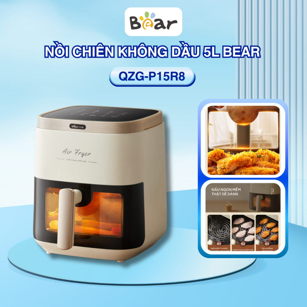 Nồi Chiên Không Dầu 5L Bear QZG-P15R8 (AF-4H15L) | Màn Hình Cảm Ứng - 1500W - Cửa Kính Trong Suốt - 