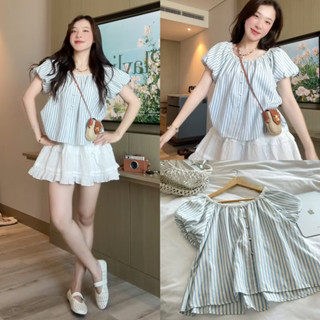 [HÀNG SẴN] Áo babydoll trễ vai/cổ vuông tay bồng kẻ sọc xanh ZINA TOP