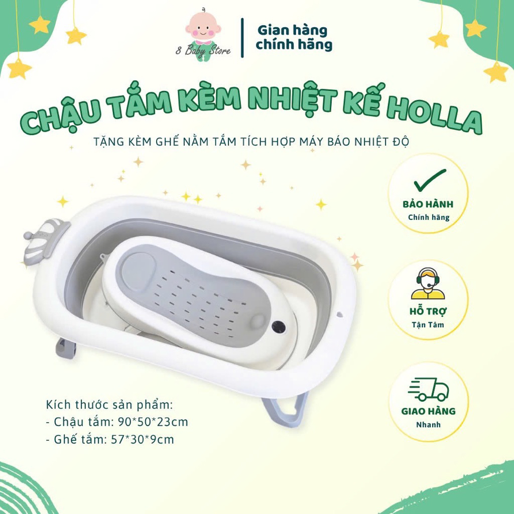 [TẶNG KÈM GHẾ TẮM] Chậu tắm gấp gọn cho bé, chậu tắm kèm nhiệt kế Holla đáng yêu cho bé