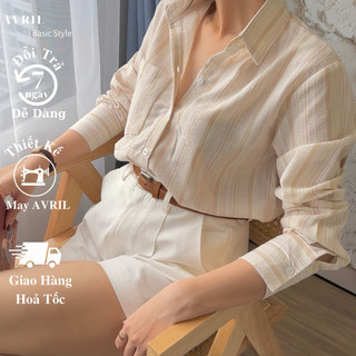  Áo sơ mi sọc nữ màu nâu trắng vàng vintage chất linen tay dài công sở  form rộng kiểu Hàn Quốc mã SVT 01 