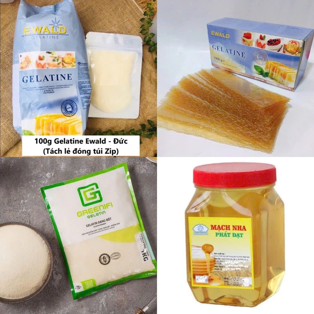 Gelatine Ewald Đức dạng bột, Gelatine lá làm kẹo dẻo, làm thạch