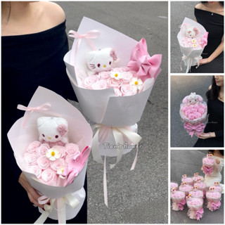 Bó hoa sáp mix gấu bông Hello Kitty mẫu nơ xinh quà tặng sinh nhật,quà tặng valentine,quà 8/3