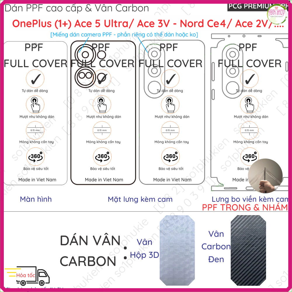Dán PPF & Skin Carbon OnePlus (1+) Ace 5 Ultra/ Ace 2V 3V/ Nord CE4 CE 4 màn hình, mặt lưng, full vi