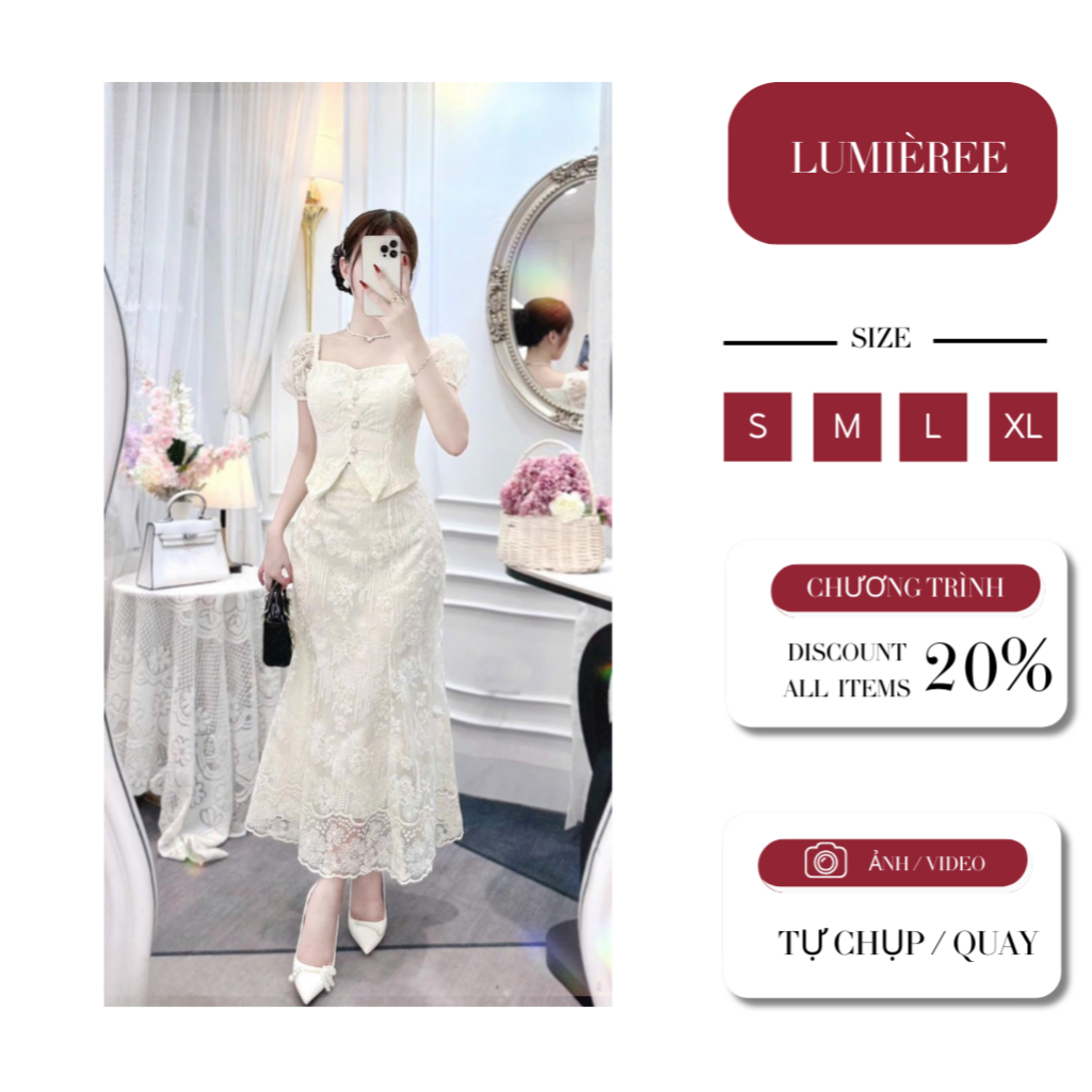 S5846 Set đầm ren trắng kem cổ điển dáng dài dự tiệc tiểu thư thanh lịch