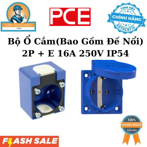 Bộ Ổ Cắm(Bao Gồm Đế Nổi) 2P + E 16A 250V IP54, Chính Hãng PCE Bảo Hành 12 Tháng
