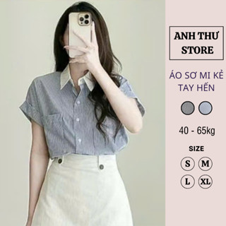  Áo Sơ Mi Kẻ Nữ Phối Cổ Trắng Tay Hến Mix Túi Trước BigSize Áo Sơ Mi Cổ Phối Tay Áo Gấp Gấu Anh Thư Store 407 