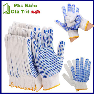 Găng tay bảo hộ chât liệu vải sợi trắng có phủ hạt nhựa tăng độ bám,chống trơn trượt,Bao tay tiệ#