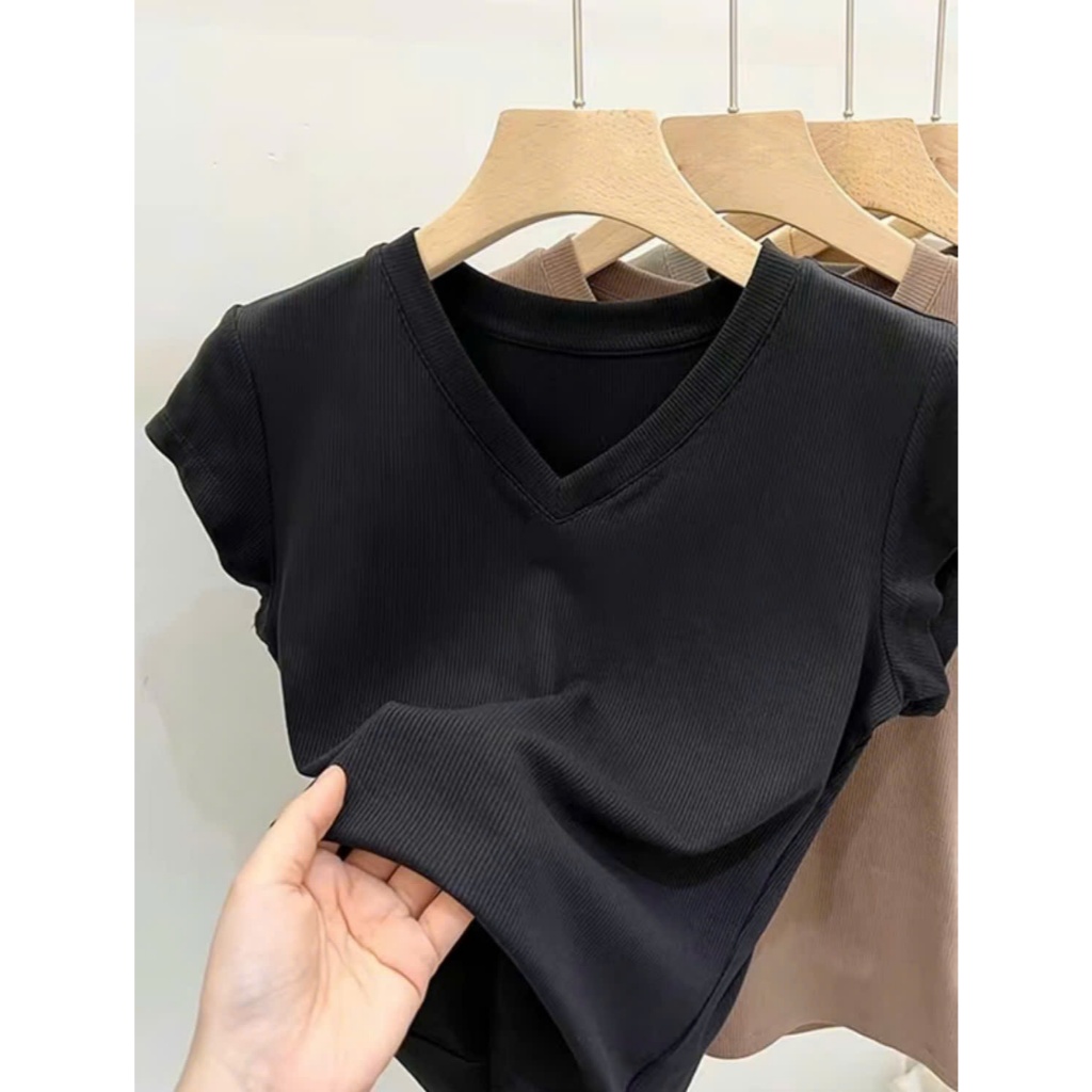 Áo thun nữ cổ tim vải gân tăm DAZZI BRAND,áo thun babytee tôn dáng ôm body chiết eo co dãn 4 chiều c