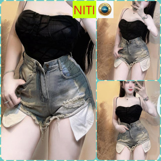   SOGE2434  QUẦN SHORT JEANS ĐÙI NỮ LƯNG CAO RÁCH 2 MẢNG NHỎ CÀO XẺ LAI LỘ TÚI TÔN DÁNG MÀU XANH XỊN SÒ 