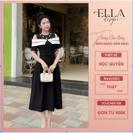 Váy Đầm Thiết Kế Ella Desgin dành cho nữ kiểu dáng maxi tay hở nhẹ phối trắng phù hợp mặc đi làm đi 