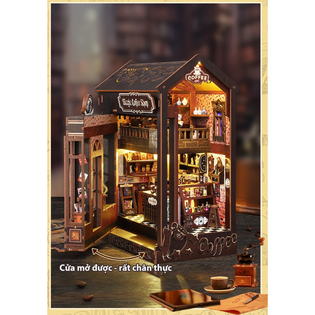 Mô Hình Book nook Lắp Ráp Gỗ phát nhạc Quán Cafe Ma Thuật thiết kế cánh mở JTSL-23– DIY Mini House C