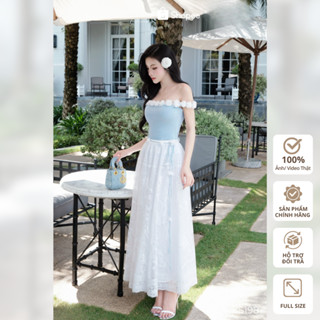 Set Khiết Style gồm áo trễ vai xanh và chân váy ren trắng xòe bay bổng KS198