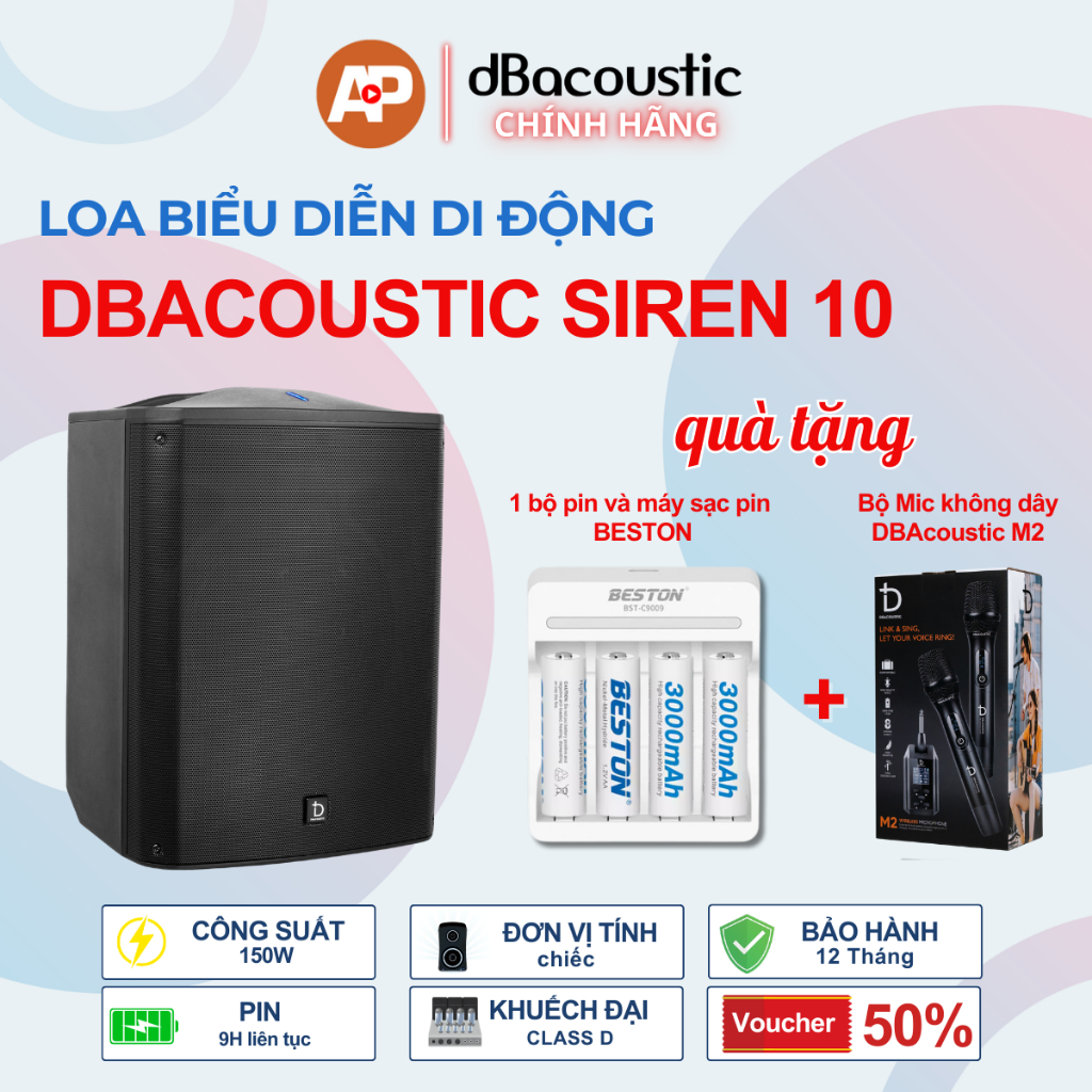 Loa Biểu Diễn Di Động DBacoustic SIREN 10 - Tặng mic M2 - Công suất 150W - Pin 9h Liên Tục - BH 12T