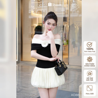 Đầm thun đen Khiết Style dáng xoè bẹt vai co giãn phối lụa gân đi tiệc trẻ trung nữ tính KD88