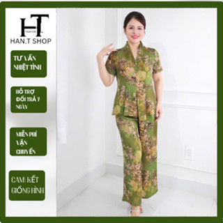  Set Đồ bộ trung niên cách điệu cho mẹ áo có cổ quần ống rộng quần giả váy chất lụa nhập HAN.T Shop Ms30 