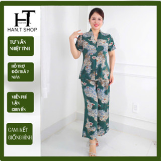  Ms30 Set Đồ bộ trung niên cách điệu cho mẹ áo có cổ quần ống rộng quần giả váy chất lụa nhập HAN.T Shop 