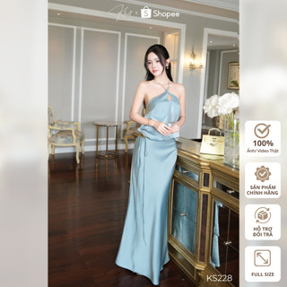 Set áo váy lụa xanh gi VÀ vàng ánh kim Khiết Style phối charm hoa vàng phong cách sang trọng quyến rũ KS228 và KS228A