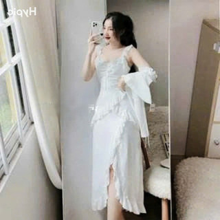 Đầm kèm áo khoác tay dài thời trang nữ dự tiệc chất lụa cổ dây không tay dáng váy dài phối ren chéo lai maxi