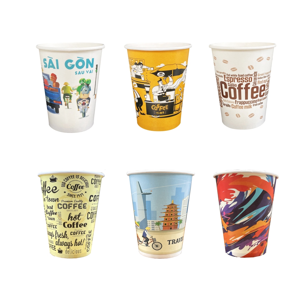 50 LY GIẤY size 12oz (360ml) in sẵn hoạ tiết, ly giấy dùng 1 lần, ly giấy cho quán cafe, ly giấy tak