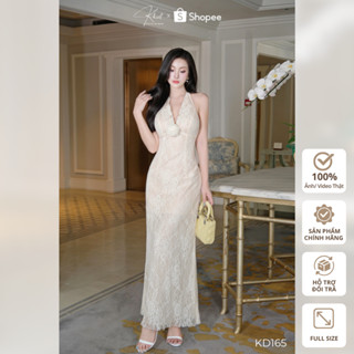  Đầm cổ yếm ren kem dài Khiết Style form ôm tôn dáng đính kèm charm hoa cài rời KD165 