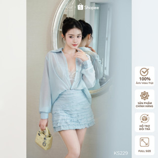  Set sơ mi tơ Khiết Style phối chân váy bèo tầng xanh pastel trẻ trung đi kèm bra ren trắng quyến rũ KS229 