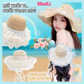  Mũ Cói Phối Vải Voan -  Mũ đi biển Vành Rộng sợi cotton đan Đính Hạt Tiểu Thư Bánh Bèo thời trang sang chảnh  tuyển sỉ  