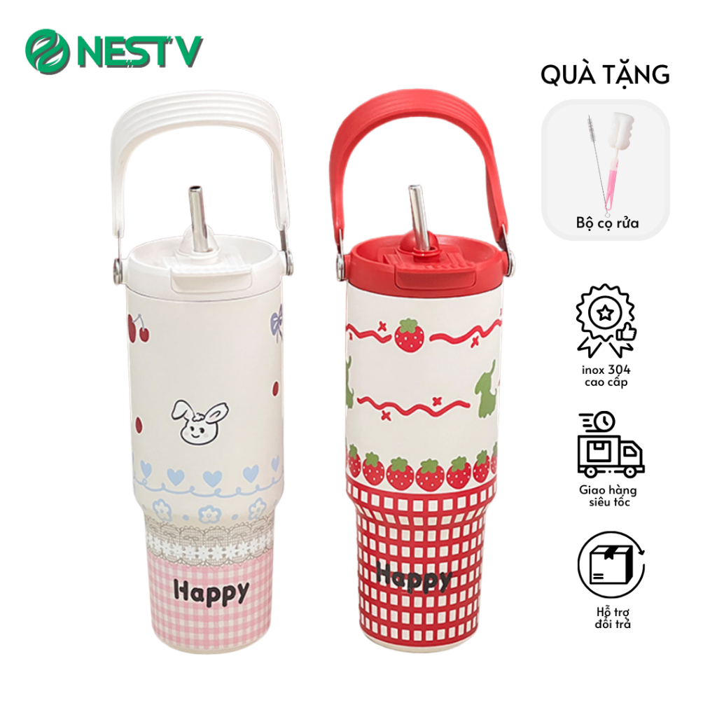 Ly giữ nhiệt Mochi 900ml, inox 316 cao cấp, có quai xách, màu pastel phong cách xinh xắn