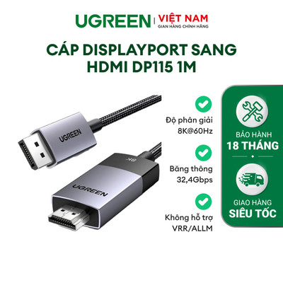 Cáp Displayport sang HDMI Dài 2M Ugreen DP115 | Hỗ Trợ Độ Phân Giải 8K@60Hz | Lõi Đồng Mạ Thiếc | BH 18 Tháng 1 Đổi 1