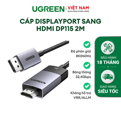 Cáp Displayport sang HDMI Dài 2M Ugreen DP115 | Hỗ Trợ Độ Phân Giải 8K@60Hz | Lõi Đồng Mạ Thiếc | BH 18 Tháng 1 Đổi 1