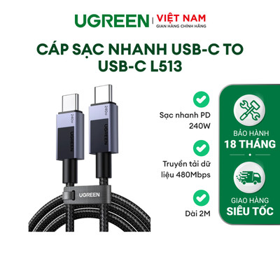 Cáp sạc USB-C to USB-C 240W Ugreen L513 | Truyền tải dữ liệu 480Mbps | Lõi đồng không oxy mạ thiếc | BH 18 tháng 1 đổi 1