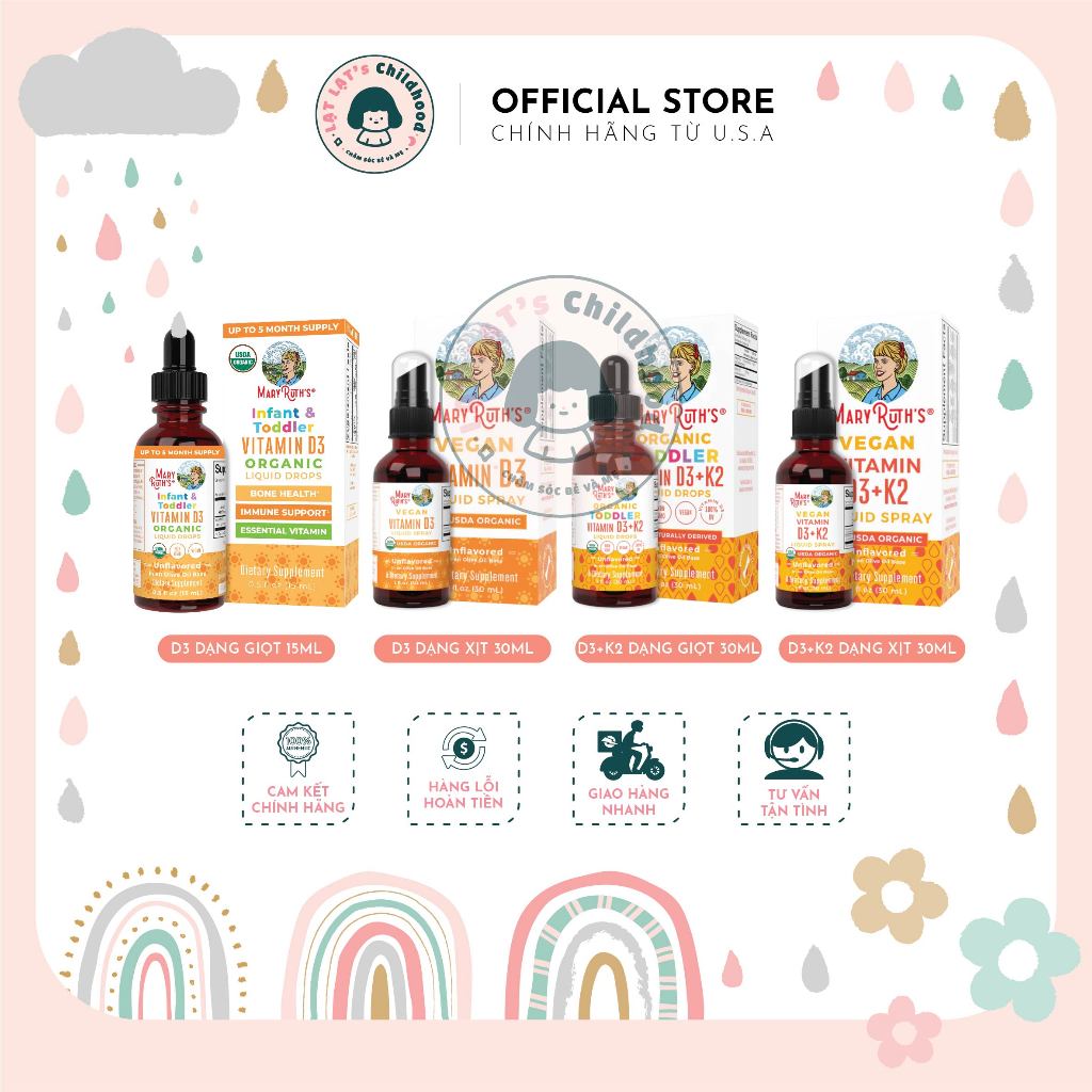 [ SHIP AIR - ĐỦ BILL ] Vitamin D3, D3K2 Hữu cơ Mary Ruth's, MaryRuth dạng giọt / xịt hữu cơ thuần ch