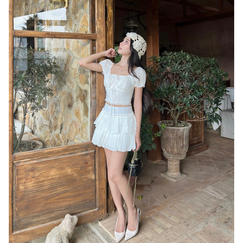 Chân váy ngắn xòe bèo 2 tầng có sẵn lót quần chất vải thêu form lolita dễ thương hack dáng