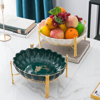  Tô sứ vẽ vàng kim hình Hươu kèm kệ kim loại mạ vàng không ăn mòn đựng hoa quả - bánh kẹo Home Luxury Decor | Bồng Hươu 