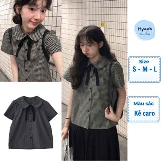 [Tặng Dây Nơ] Áo sơ mi nữ cổ bèo kèm nơ đen caro vintage Hàn Quốc form rộng -Hyanh Studio