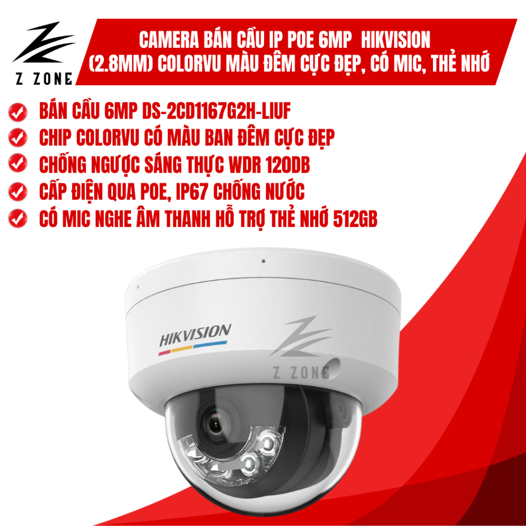 Camera Hikvision IP 6MP bán cầu POE Hikvision DS-2CD1167G2H-LIUF (2.8MM)|ColorVu có màu đêm|Thẻ nhớ
