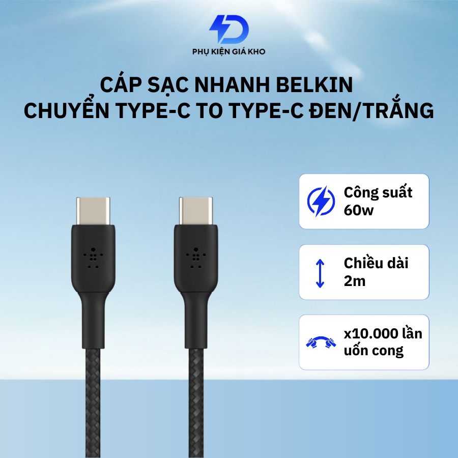 Cáp sạc nhanh Belkin chuyển type-c sang type-c vỏ dù công suất 30W / 60W - Hàng chính hãng
