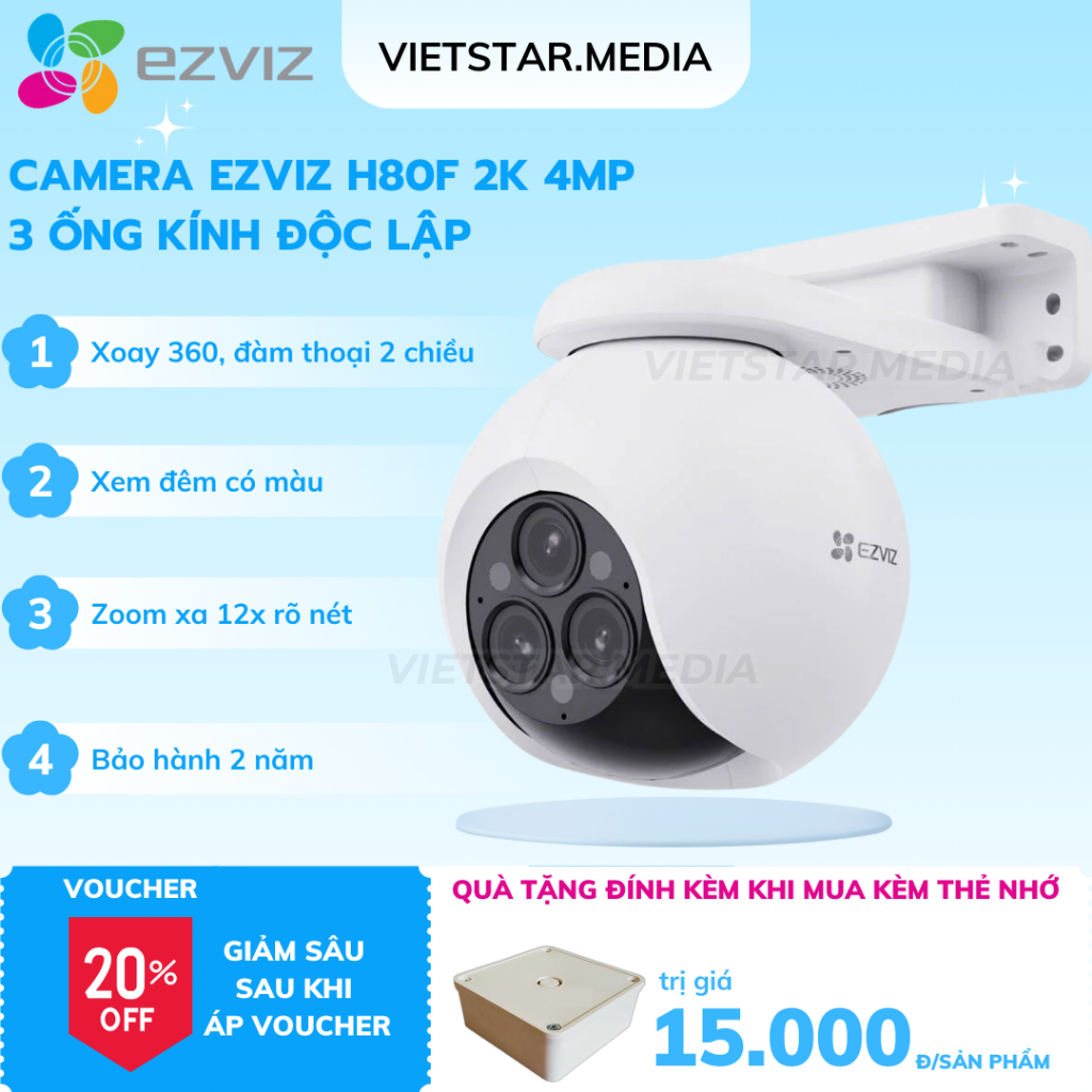 Camera Ezviz 3 ống kính H80F 2K 4MP siêu nét - Xem phủ 3 góc khác nhau, Zoom xa 12x - Bảo hành 2 năm