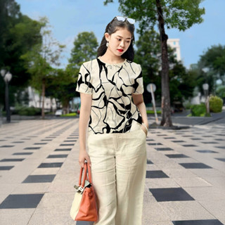 Bộ nữ BỐN MÙA [45-85kg], Set bộ áo in hoạ tiết và quần suông lưng thun phía sau, chất liệu đũi xước Nhật cao cấp