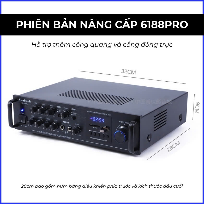 Amply karaoke bluetooth Sunbuck 6188Pro, amply karaoke công suất lớn, có chức năng đài FM, có điều k
