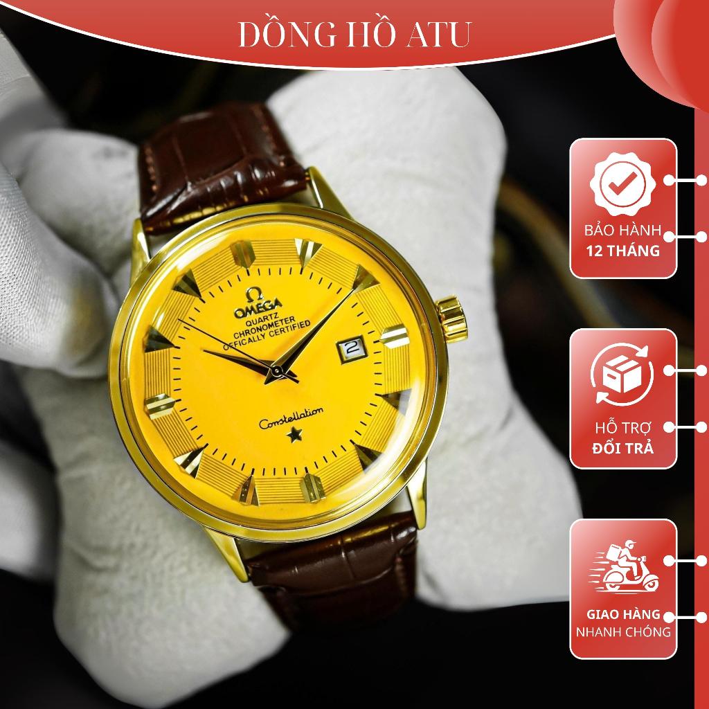 Đồng Hồ Nam Omega Cá Mập - Máy Pin, Đồng Hồ Dây Da, Kính Cường Lực Chốn Xước