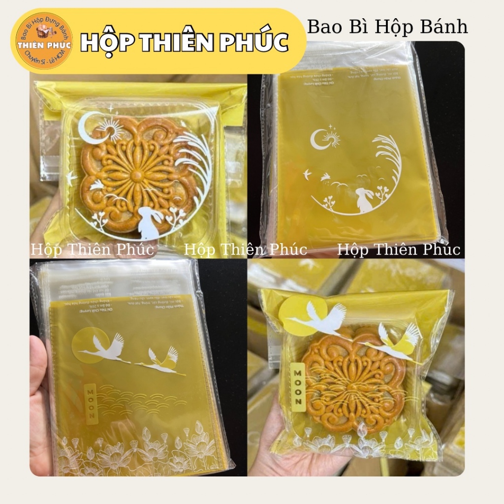 100 Túi Dán Kèm Khay Đựng Bánh Trung Thu 150g–200g - Mẫu Thỏ & Hạc Đẹp Cao Cấp