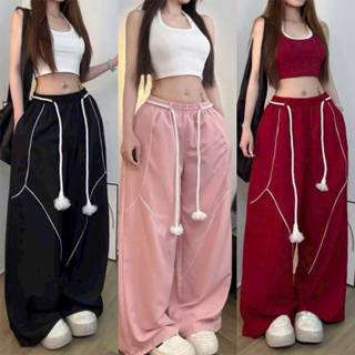  Quần ống rộng nữ nam thể thao quần jogger chất dù mặc hè mát mẻ cạp cao suông dài phối dây luồng lưng lai rộng 