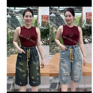 [ND600] Quần ngố nữ qua gối jean mềm, quần bò ngố nữ cạp chun có dây rút co giãn thoải mái