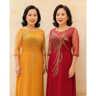 Đầm trung niên kết kim sa sang trọng Đô/Kem/Cam/Vàng/Đen- ảnh thật 100%