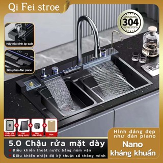 Chậu Rửa Bát 1 Hố Lớn 80x45cm Inox 304 Vòi Nóng Lạnh, Mạ Nano Có Vòi, Rút, Thác, Bồn Rửa Chén 1 Ngăn Lớn Cao Cấp