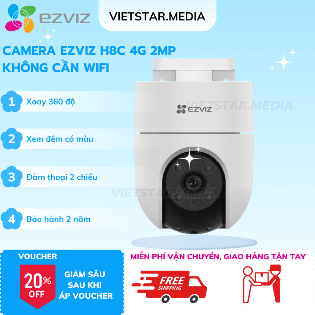 Camera Ezviz H8C-2K-4G - sử dụng Sim 4g, không cần wifi, Xem đêm có màu, Báo động còi hú, Bảo hành 2