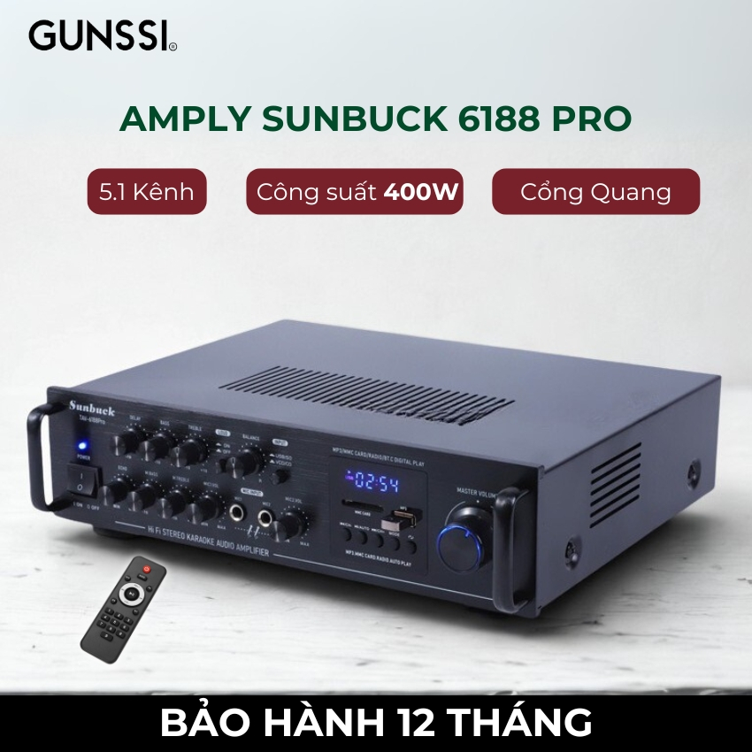 Amply Karaoke Bluetooth Sunbuck 6188 PRO, Công Suất 400W, Amply 5.1 Cho Gia Đình, Âm Ly Nghe Nhạc Gi