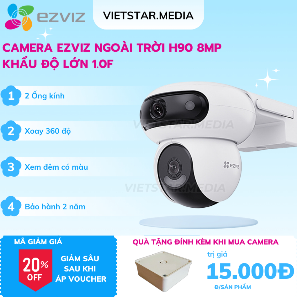 Camera Ezviz 2 Mắt ĐỘC LẬP H90 Dual 2K+ 8MP(4MP+4MP), Hồng Ngoại 30m, Đàm Thoại 2 Chiều,Đèn Còi Báo 