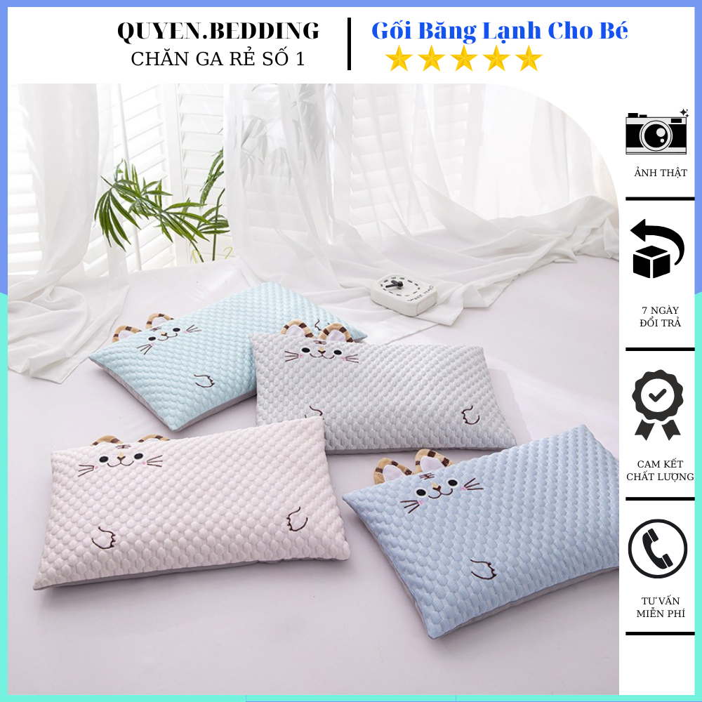 Gối băng lạnh cho bé họa tiết bé mèo dễ thương, Chất liệu vải tự nhiên, thân thiện với da, an toàn cho da của bé