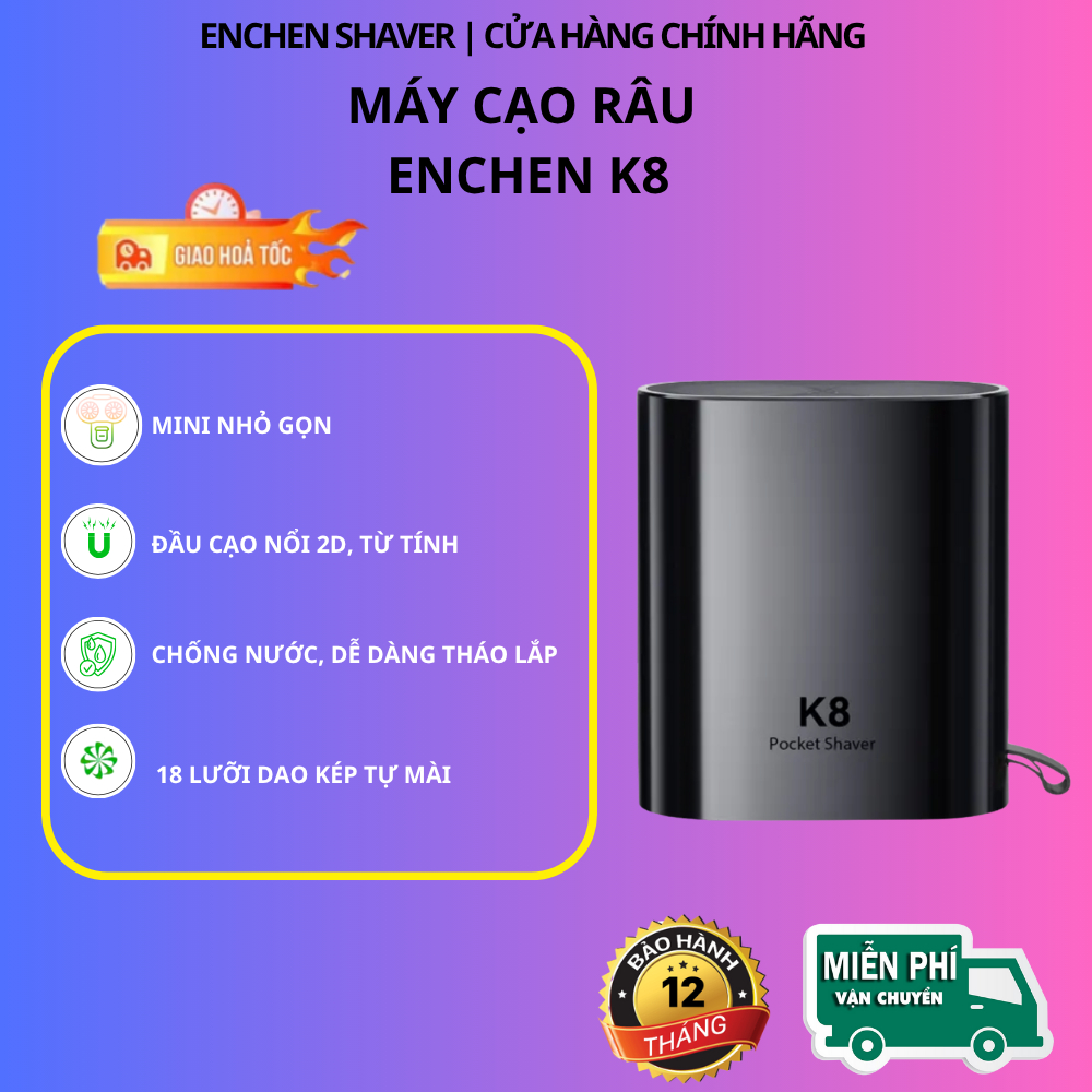 Máy cạo râu Enchen K8, bản quốc tế - tiếng Anh, chống nước,18 lưỡi dao tự mài, pin sạc - bh 12 tháng
